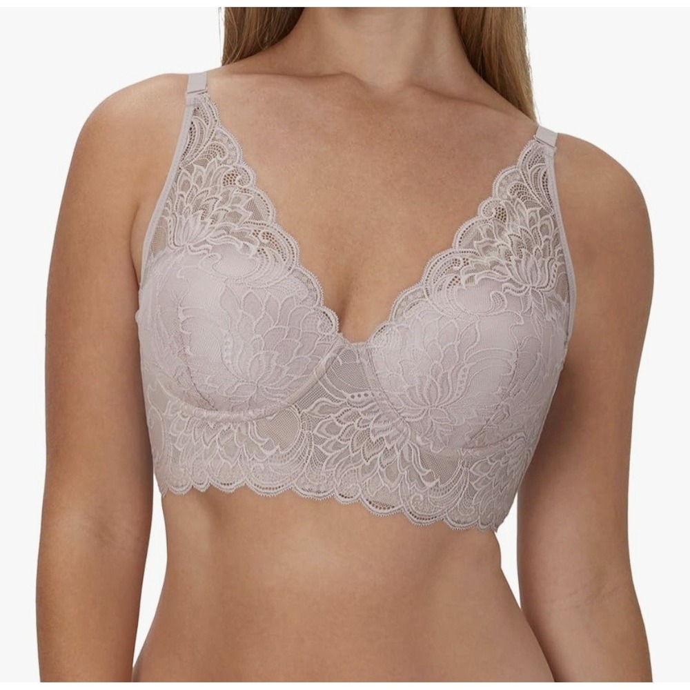 Women's Lace Bralette, Padded Longline Bralettes, 34D Evening Blush Bloom Lace